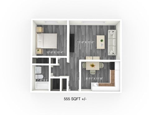 Floor plan for 1 bed, 1 bath, 555 sqft